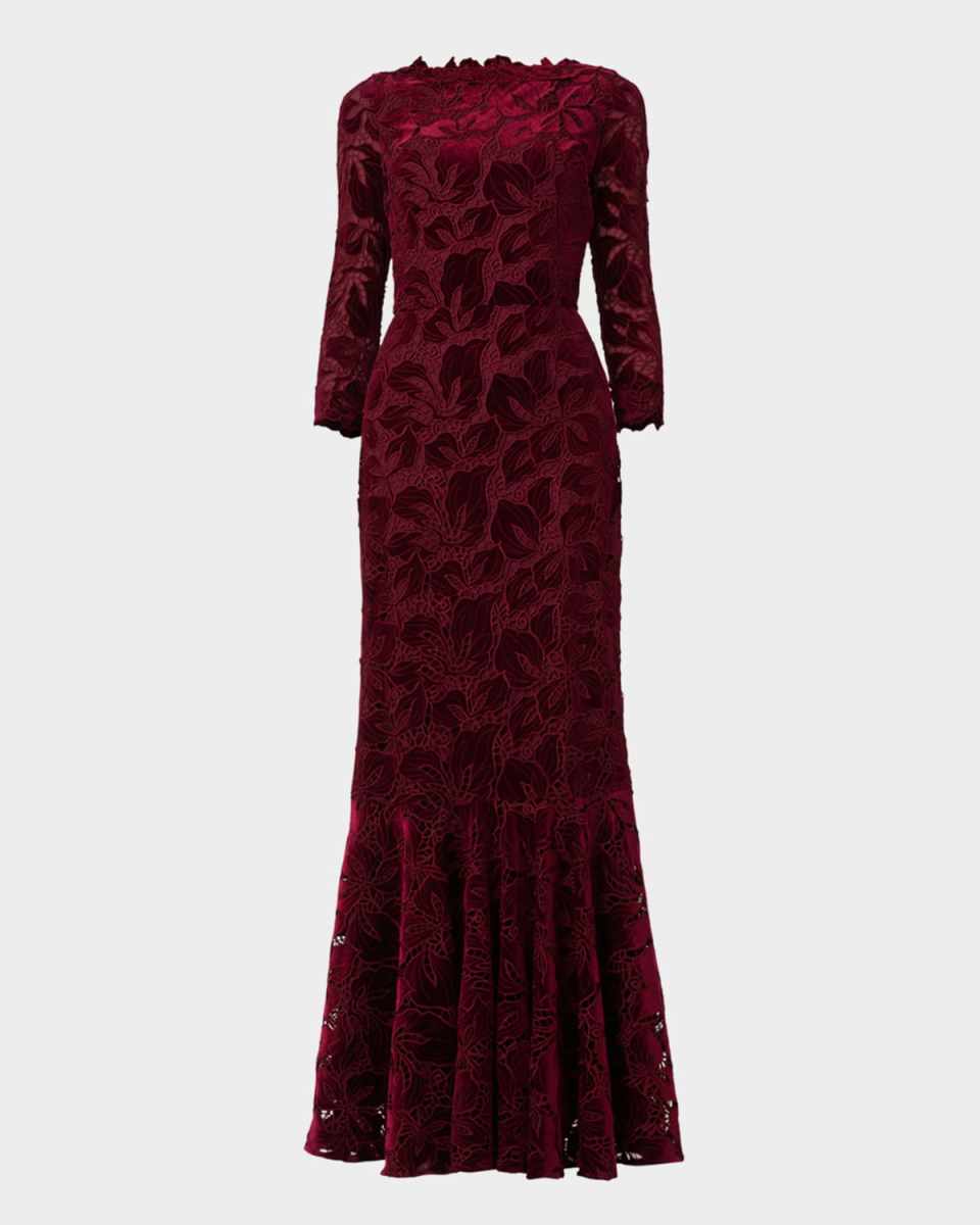 Brianna Floral Velvet Lace Column Gown